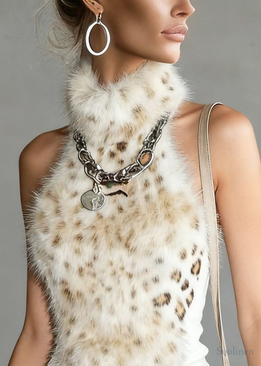 Bohemian Leopard Turtleneck Fluffy Patchwork Tank Sleeveless