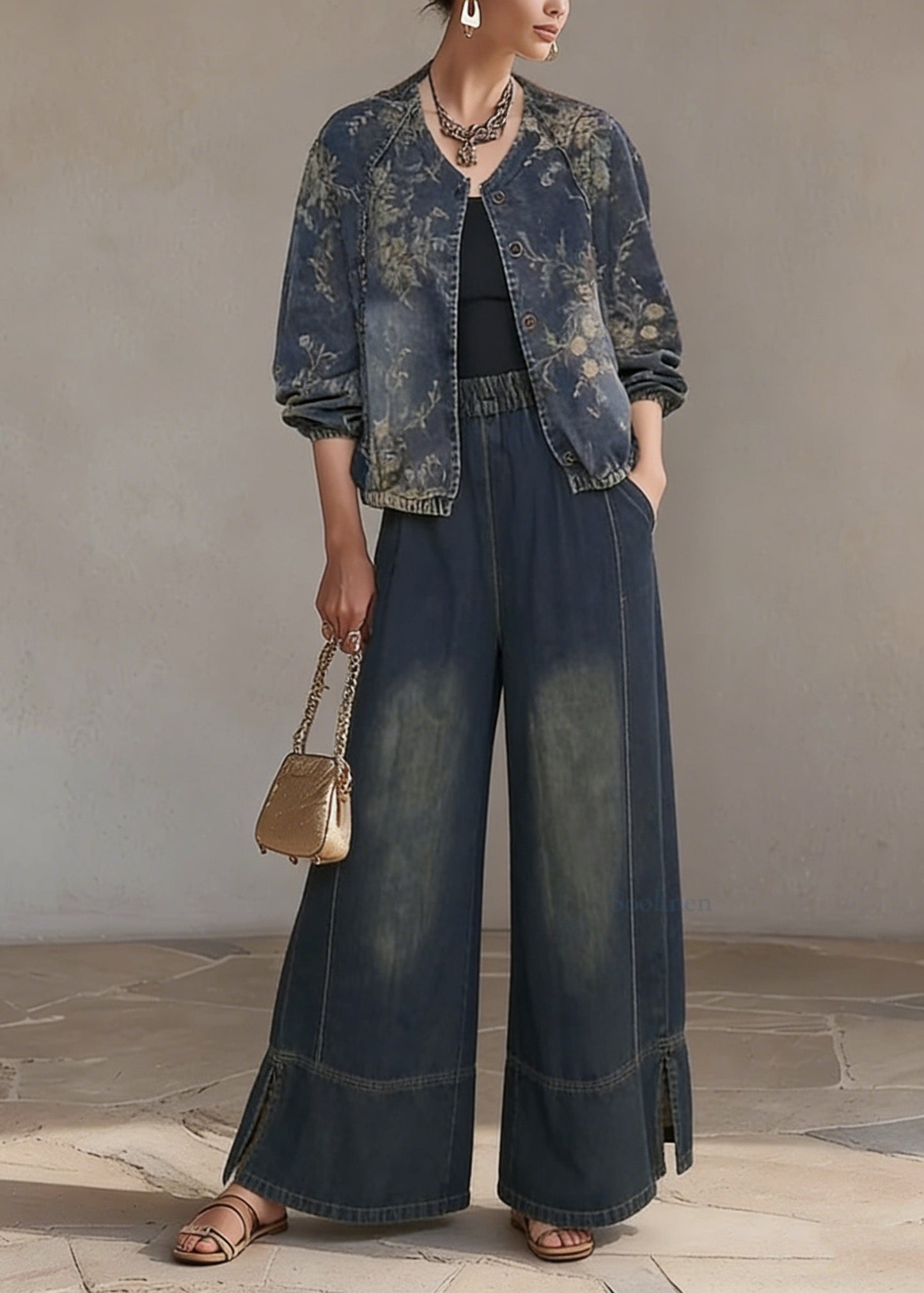 Bohemian O Neck Print Denim Two Piece Set Outfits Spring