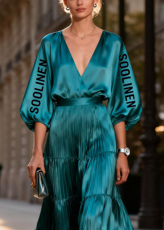 Bohemian Peacock Blue V Neck Silk Long Dress Lantern Sleeve