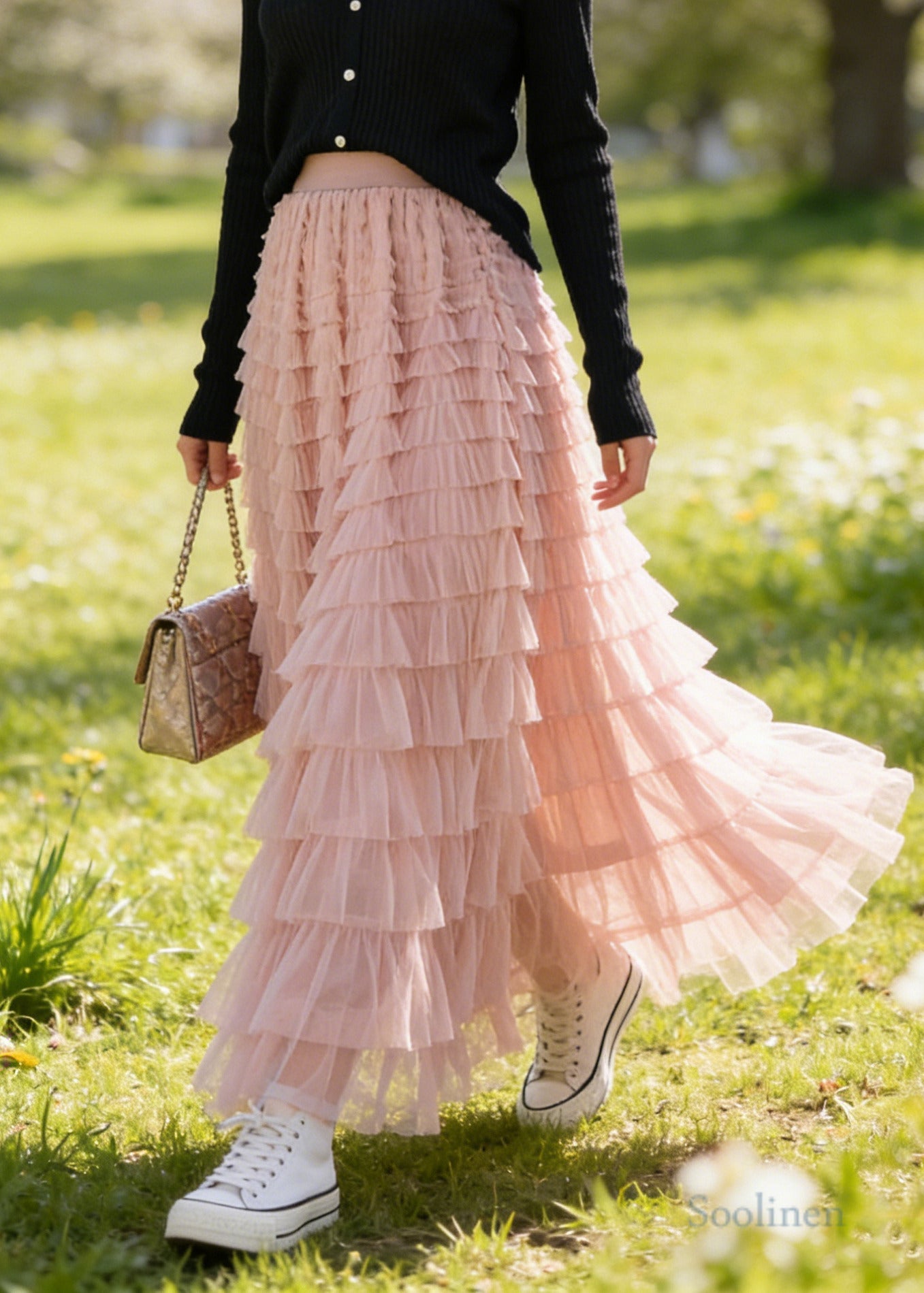 Bohemian Pink Elastic Waist Multi-layer Tulle A Line Skirt Spring