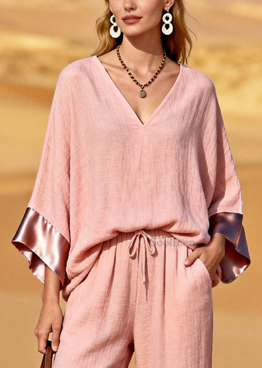 Bohemian Pink V Neck Patchwork Cotton Two Pieces Set Spring