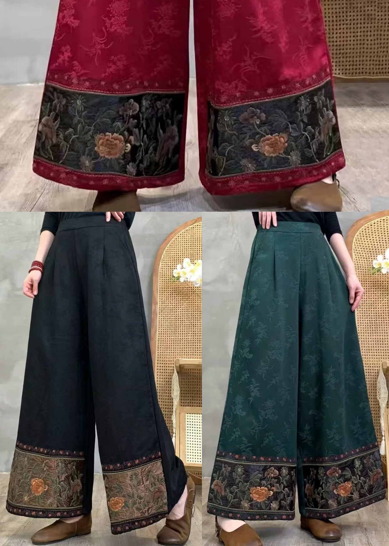 Bohemian Red Embroidered Jacquard Cotton Pants Spring