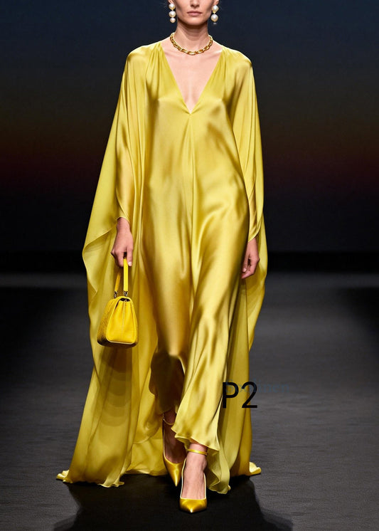 Bohemian Yellow Oversized Chiffon Vacation Dresses Batwing Sleeve