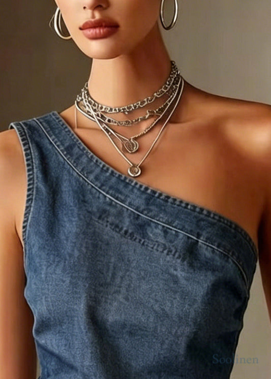 Boho Blue One Shoulder Denim Tank Sleeveless
