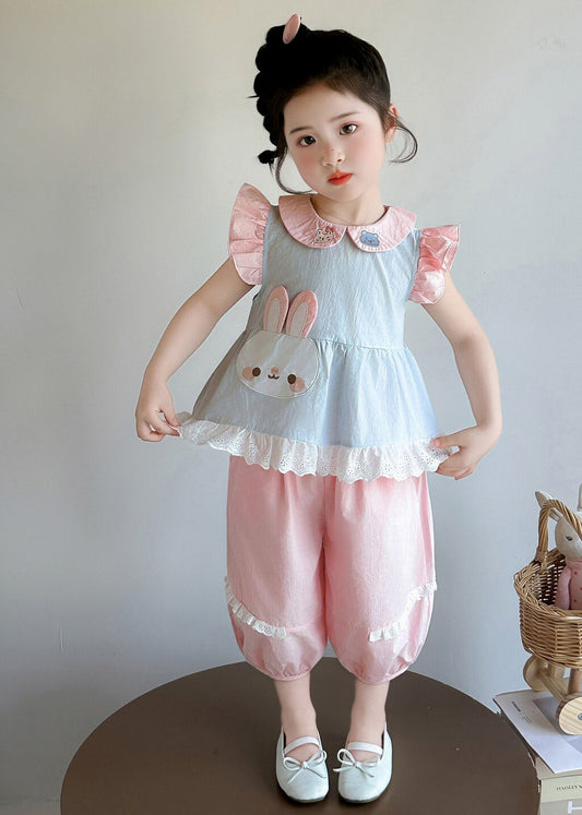 Boho Blue Rabbit Embroideried Cotton Baby Girls Two Pieces Set Summer