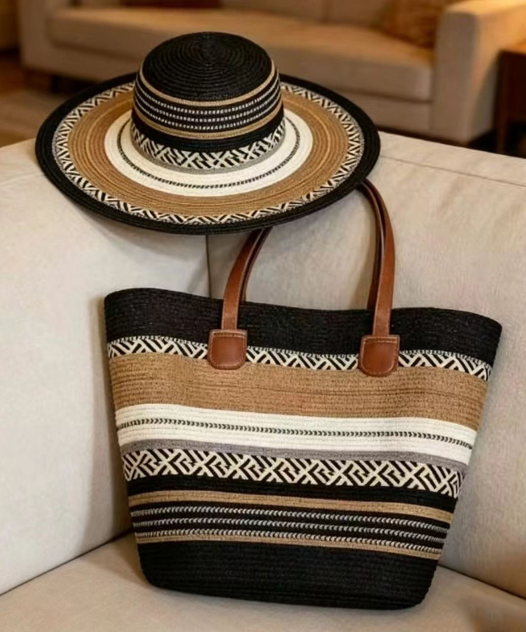 Boho Colorblock Striped Solid Durable Straw Woven Floppy Sun Hat And Shoulder Handbag Two Pieces Set Summer