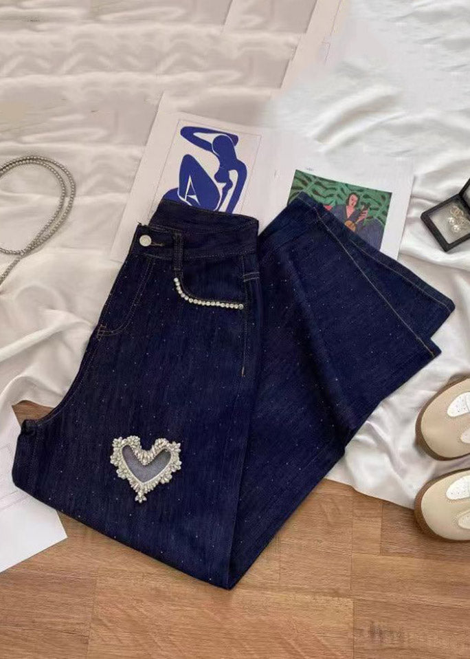 Boho Denim Blue High Waist Patchwork Love Hole Wide Leg Jeans