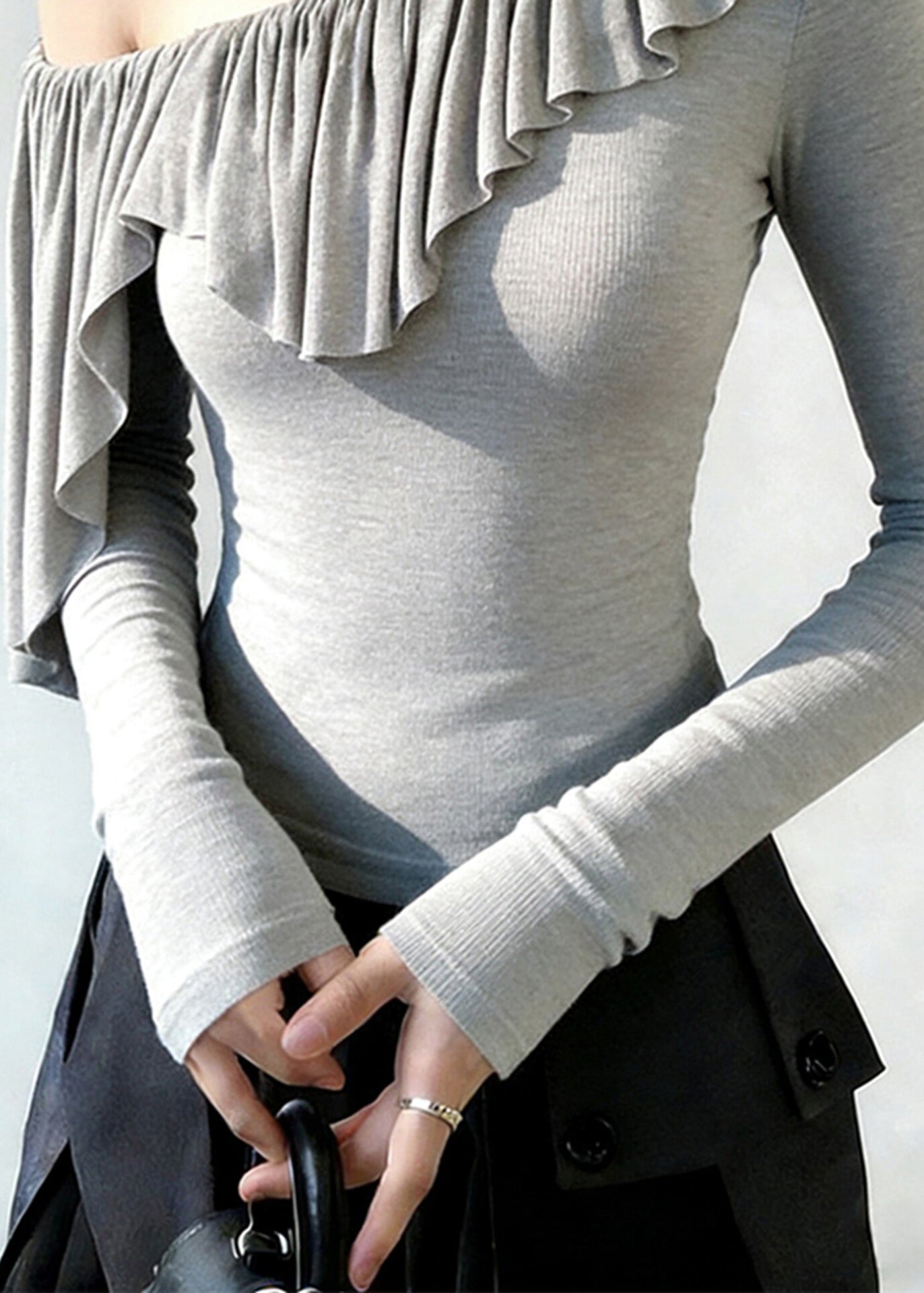 Boho Grey One Shoulder Ruffles Cotton Top Spring