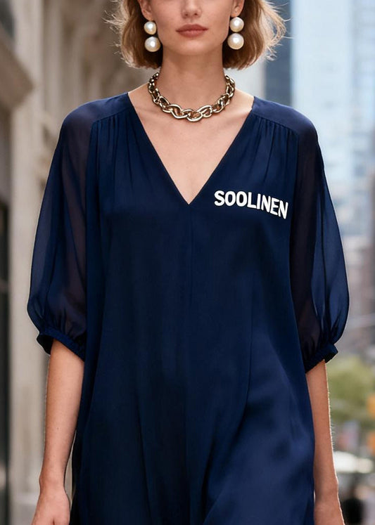 Boho Navy V Neck Chiffon Ankle Dress Summer