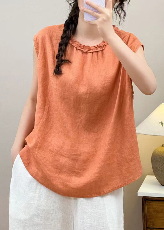 Boho Orange Ruffled Linen Shirt Top Sleeveless