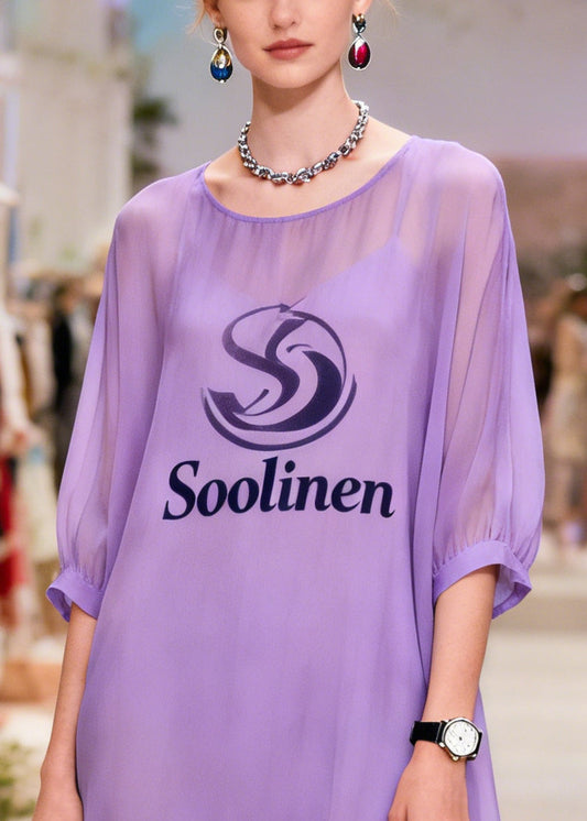 Boho Purple Print Draping Chiffon Long Dresses Summer
