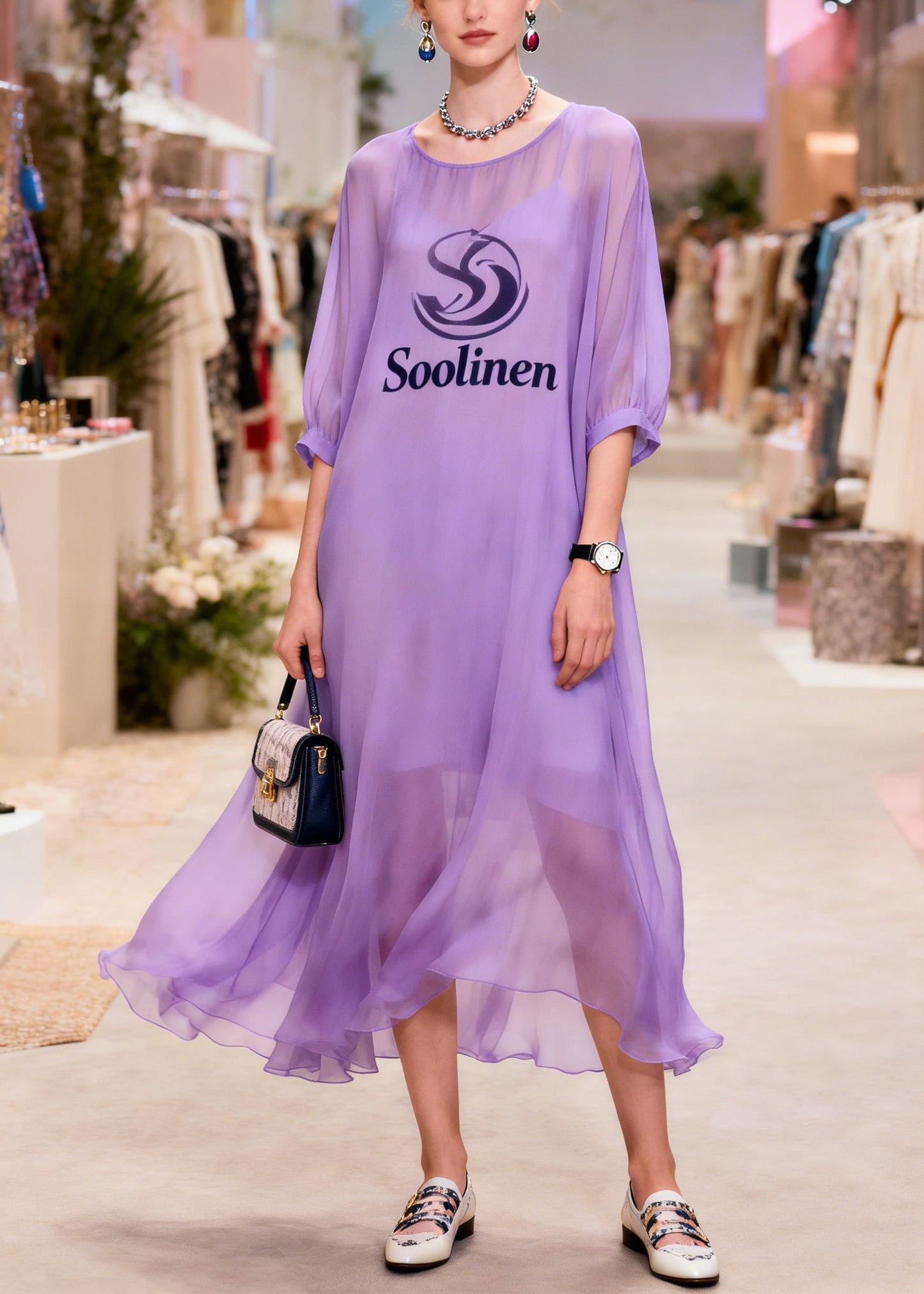Boho Purple Print Draping Chiffon Long Dresses Summer