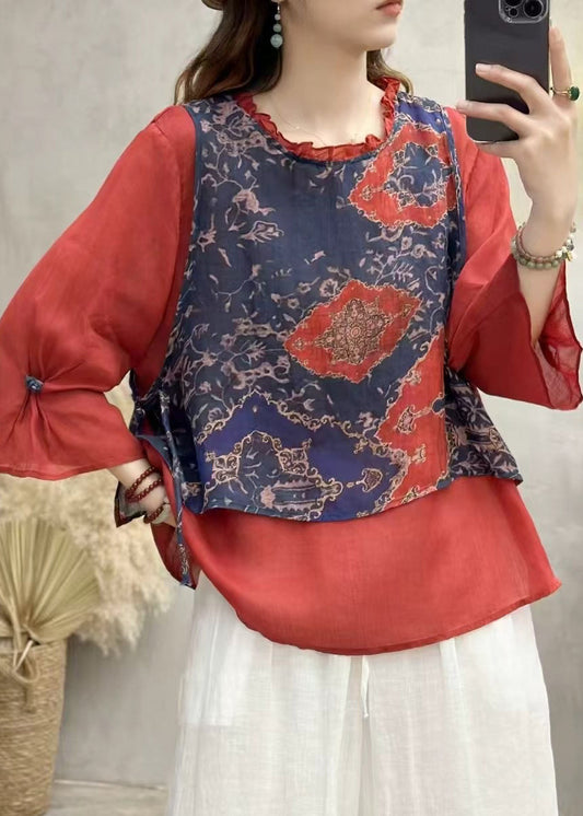 Boho Red Ruffled Patchwork Linen Blouse Top Bracelet Sleeve