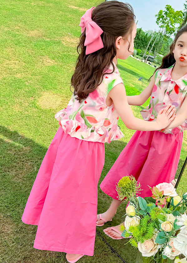 Boho Rose Oversized Print Cotton Baby Girls Two Pieces Set Summer