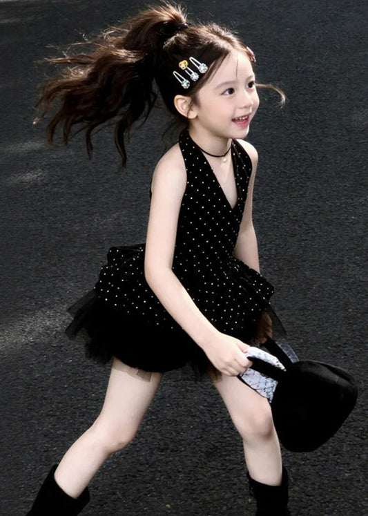 Boutique Black Dot Patchwork Tulle Kids Girls Mini Dresses Summer
