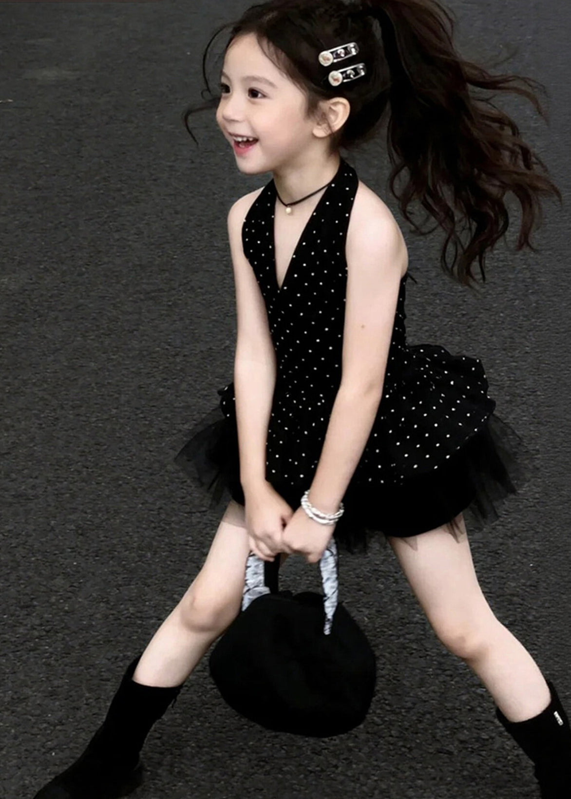 Boutique Black Dot Patchwork Tulle Kids Girls Mini Dresses Summer