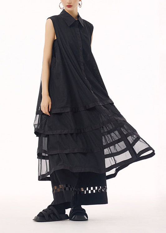 Boutique Black Peter Pan Collar Tulle Layered Patchwork Cotton Dress Summer