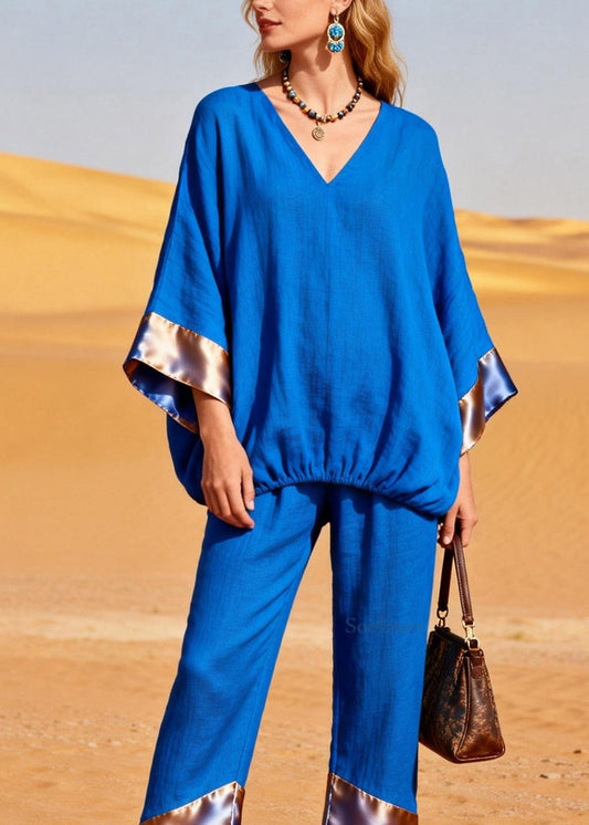 Boutique Blue Top And Pants Silk Patchwork Linen Two Pieces Set Summer