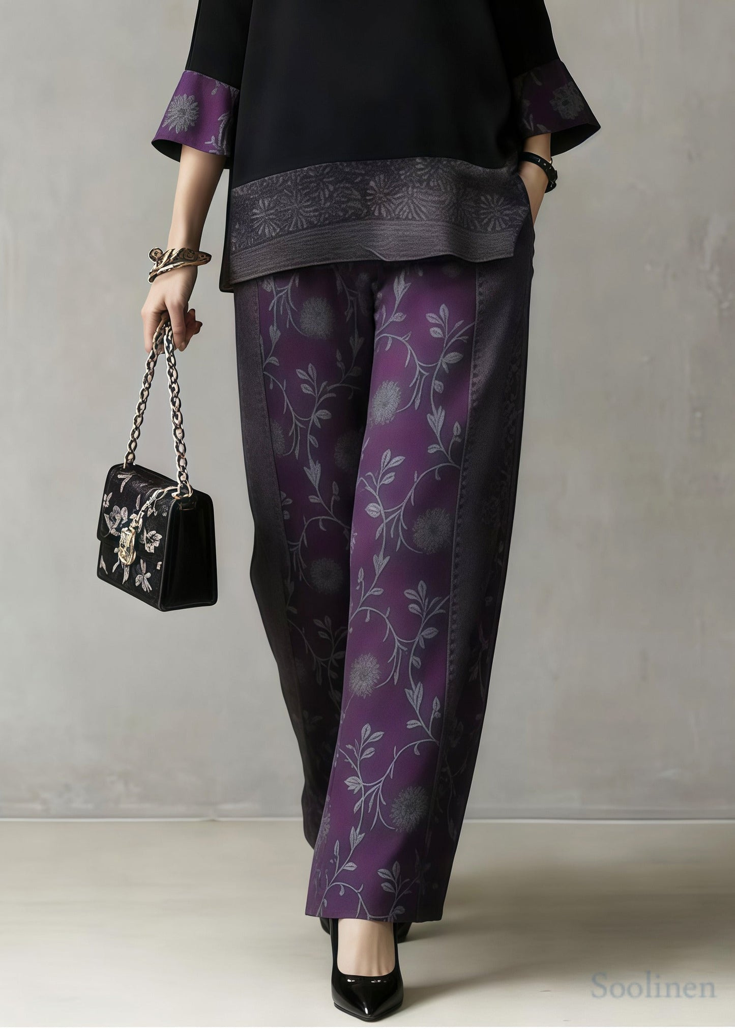 Boutique Purple Jacquard Patchwork Silk Two Pieces Set Summer