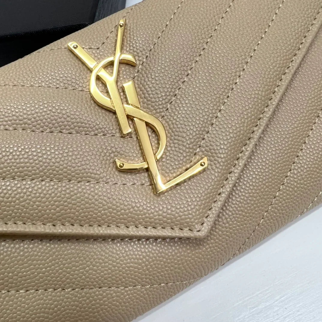 YSL Long Wallet Beige Leather Gold Tone 10772 19cm