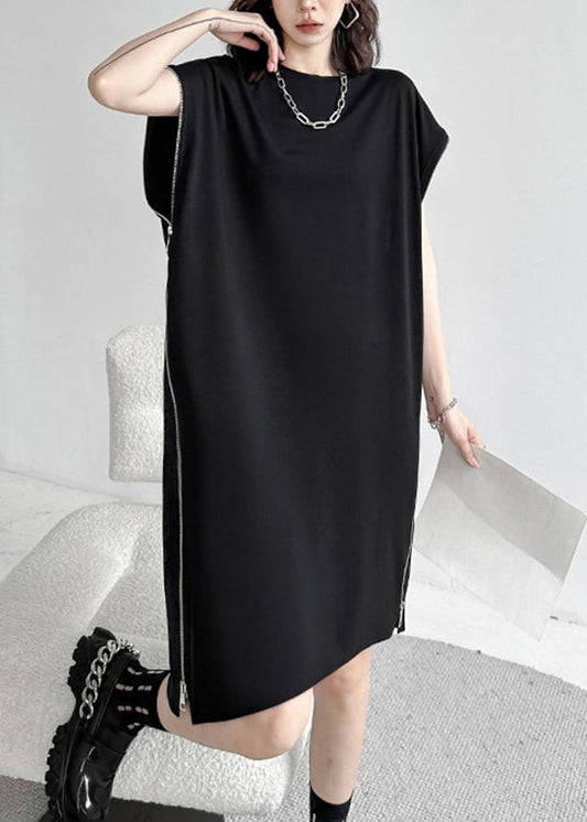 Casual Black O-Neck Zip Up Patchwork Cotton Dresses Summer