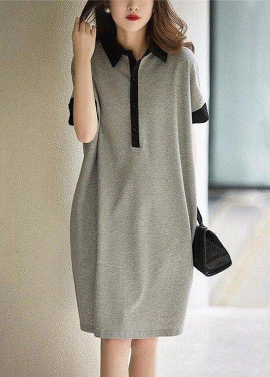 Casual Print1 Peter Pan Collar Button Cotton Maxi Dresses Short Sleeve