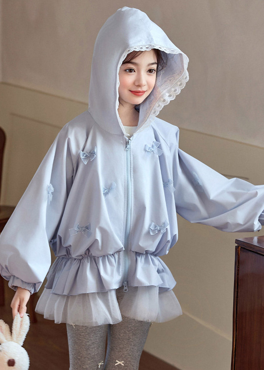 Casual Blue Bow Zippered Wrinkled Girls Hooded Coats Spring