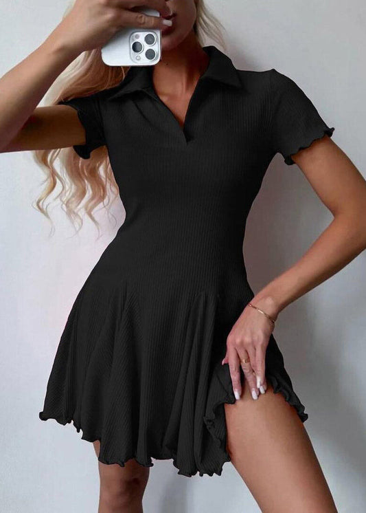 Casual Blue Peter Pan Collar Ruffled Patchwork Solid Mid Dresses Summer