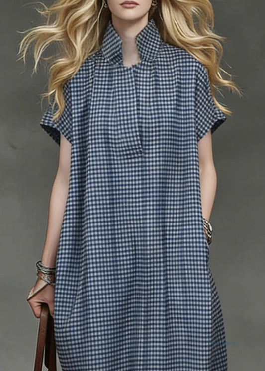 Casual Blue Plaid Pockets Cotton Maxi Dresses Summer