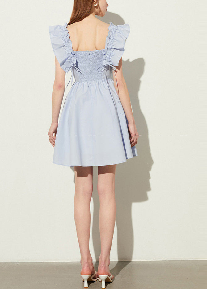 Casual Blue Square Collar Cotton Mini Dress Butterfly Sleeve