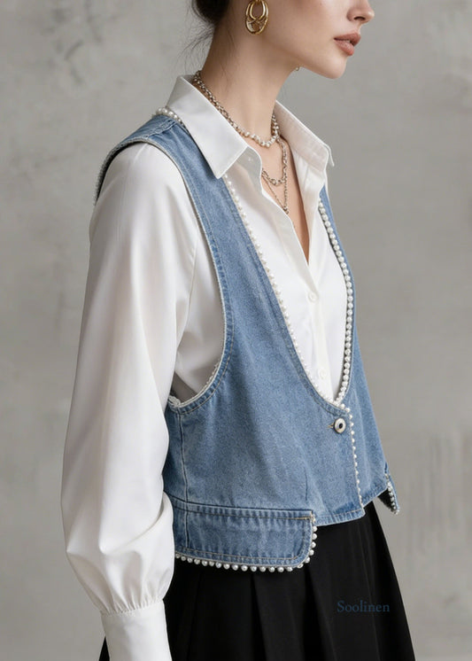 Casual Blue V Neck Pearl Edge Patchwork Denim Vest Sleeveless