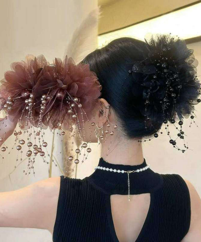 Casual Coffee Alloy Tulle Pearl Feather Tassel Hairpin