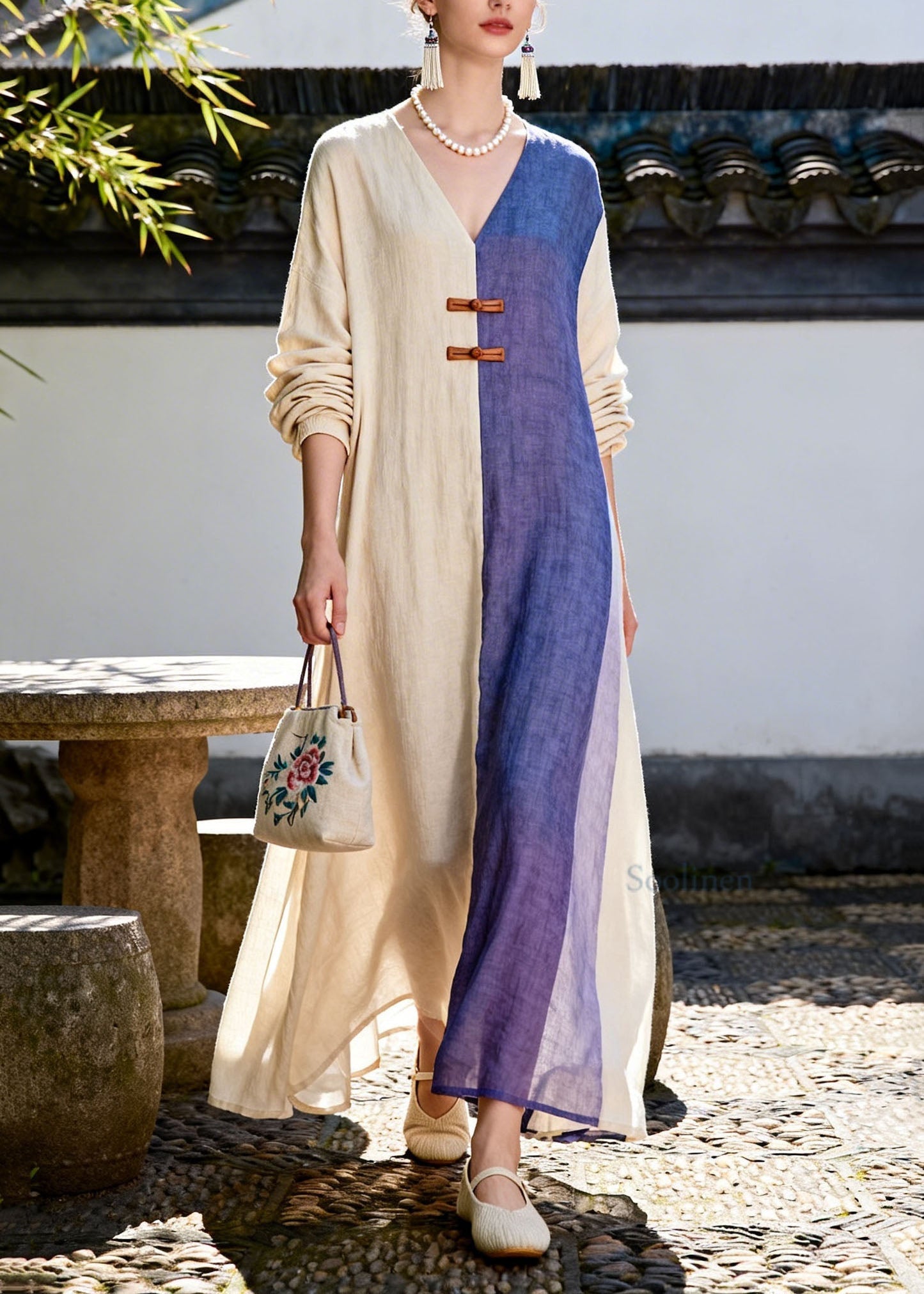 Casual Colorblock V Neck Patchwork Cotton Long Dress
