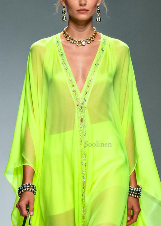 Casual Fluorescent Green Oversized Zircon Chiffon Long Dress Summer