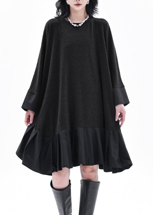 Casual Grey O-Neck Patchwork Long Dress Batwing Sleeve
