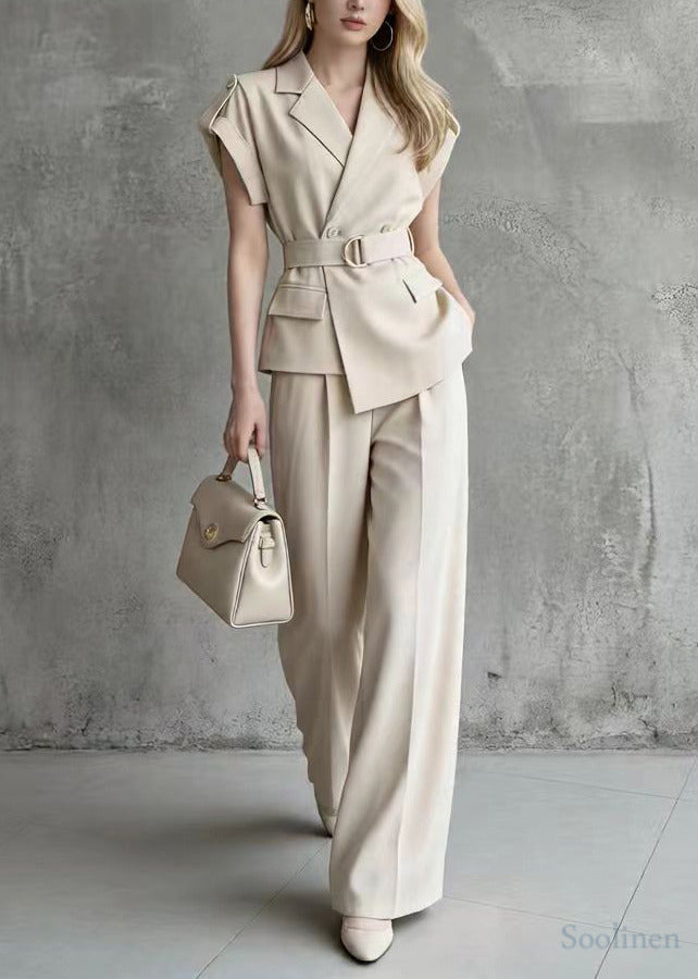 Casual Khaki Double Breast Tie Waist Spandex Two Pieces Set Sleeveless