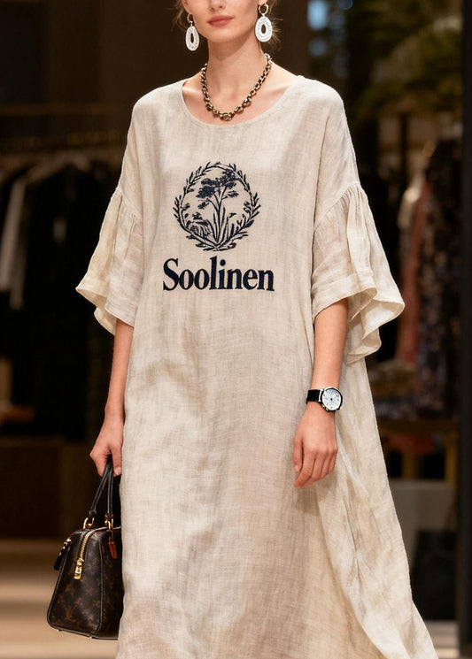 Casual O Neck Print Patchwork Linen Long Dress Summer