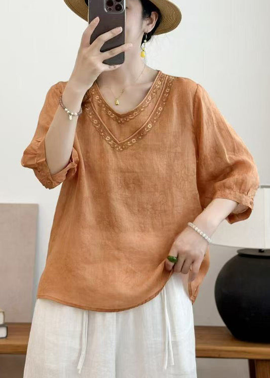 Casual Orange Embroidered Oversized Linen Shirt Summer