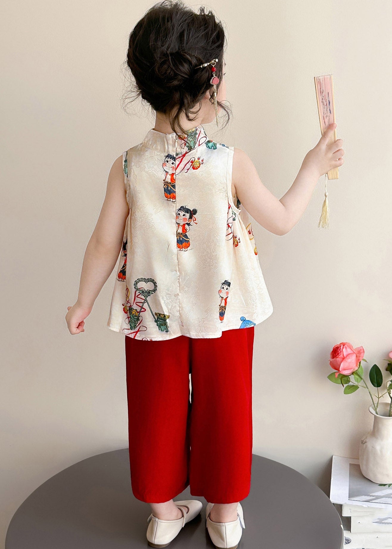 Casual Print Button Girls Vest And Crop Pants Two Piece Set Summer