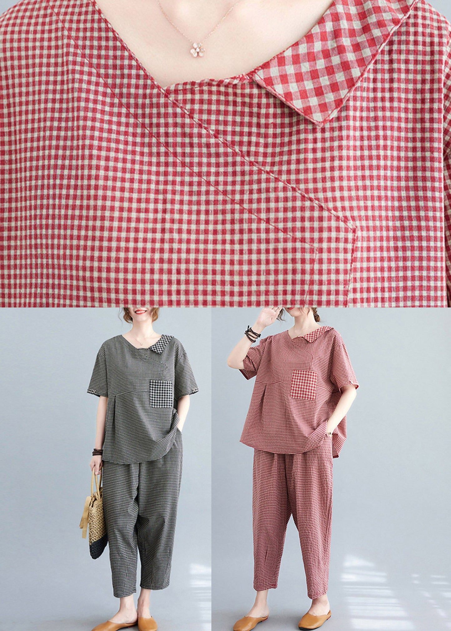 Casual Red Plaid Asymmetrical Pockets Top And Crop Pants Two Pieces Set Summer