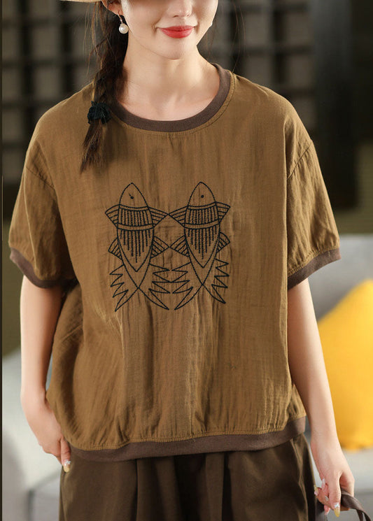 Casual White O Neck Embroidered Loose Linen T Shirts Summer