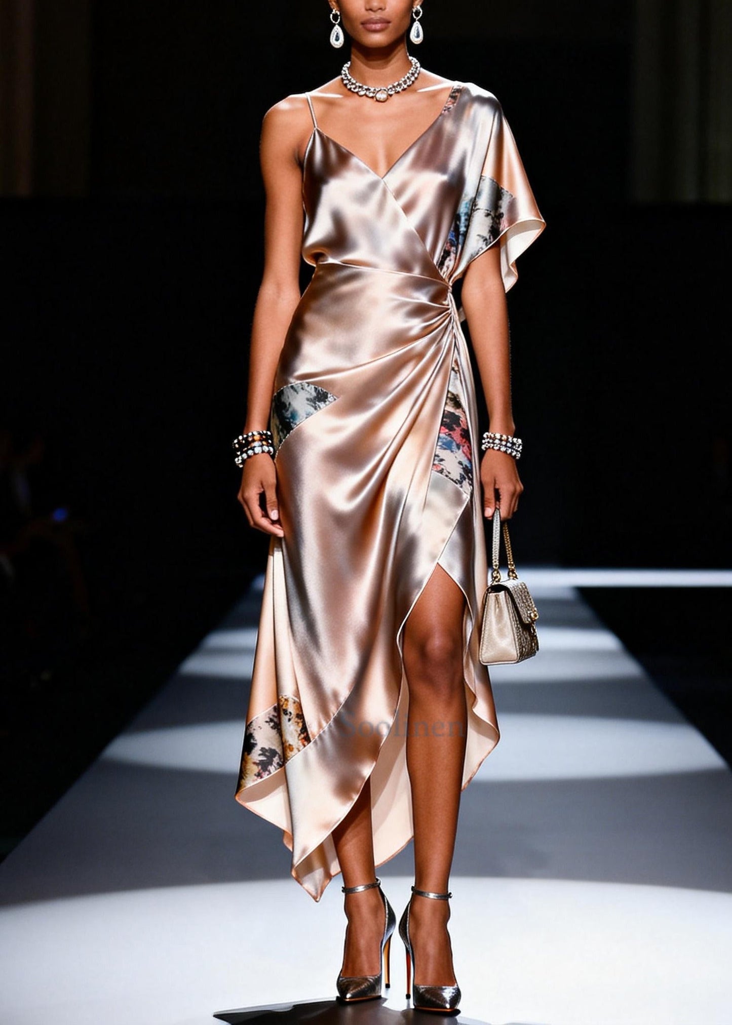 Chic Apricot Asymmetrical Patchwork Silk Sundress Summer