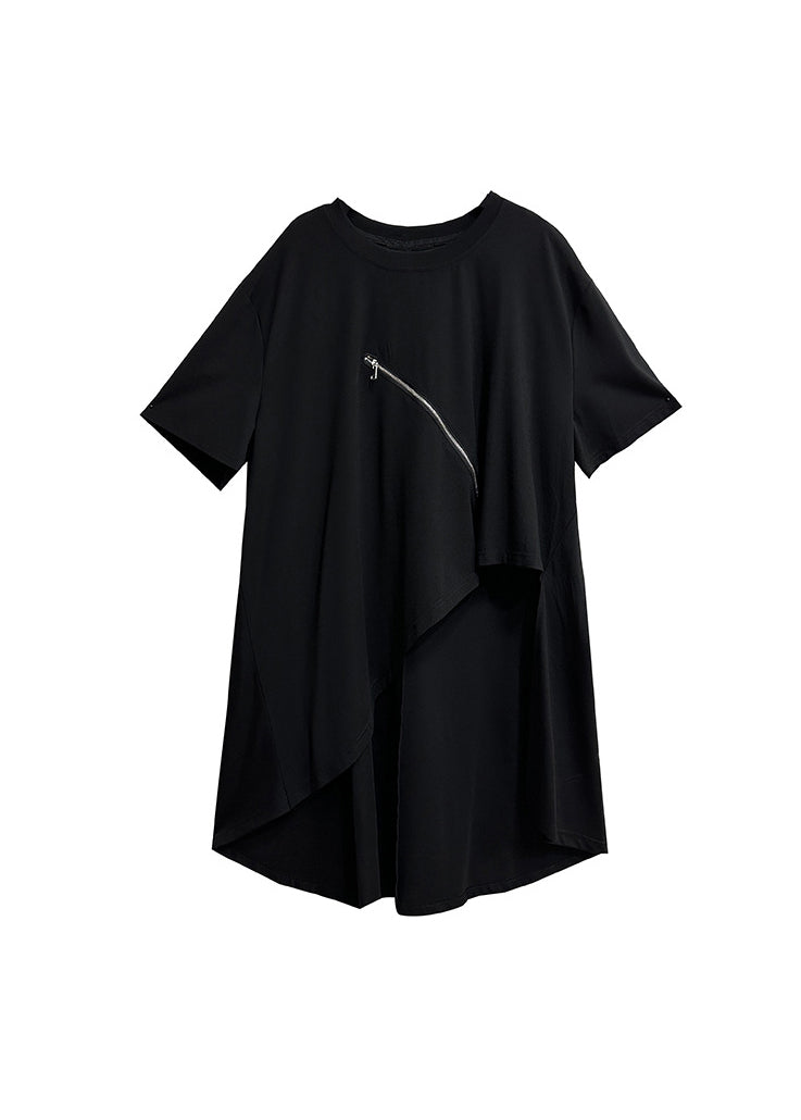 Chic Black Hollow Out Zip Up Asymmetrical Cotton T Shirt Summer
