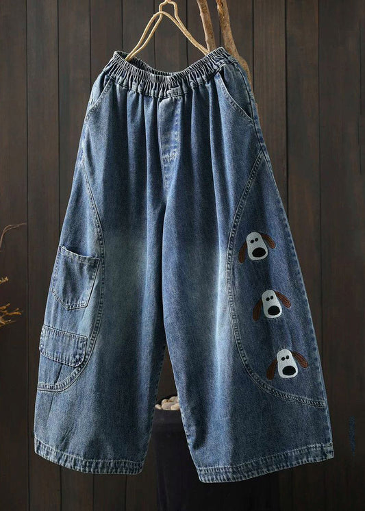Chic Blue Elastic Waist Pockets Print Crop Jeans