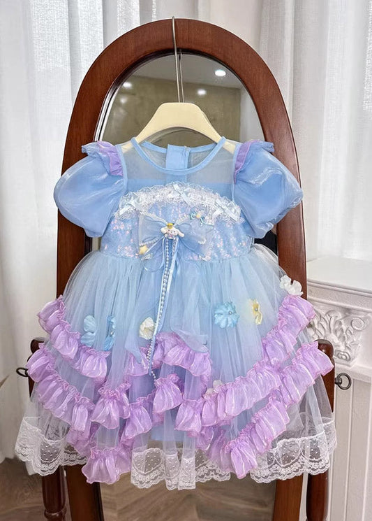 Chic Blue O-Neck Floral Patchwork Tulle Girls Maxi Dress Summer