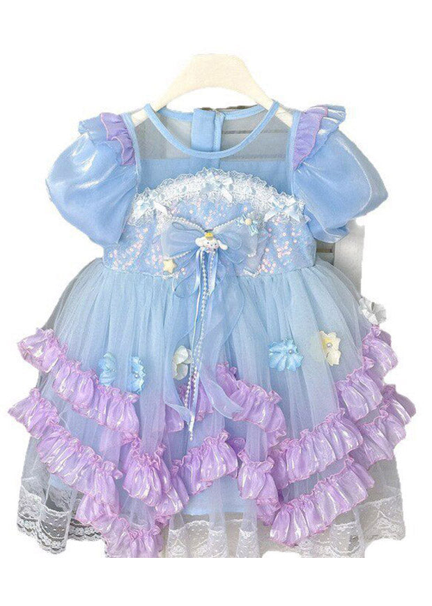 Chic Blue O-Neck Floral Patchwork Tulle Girls Maxi Dress Summer