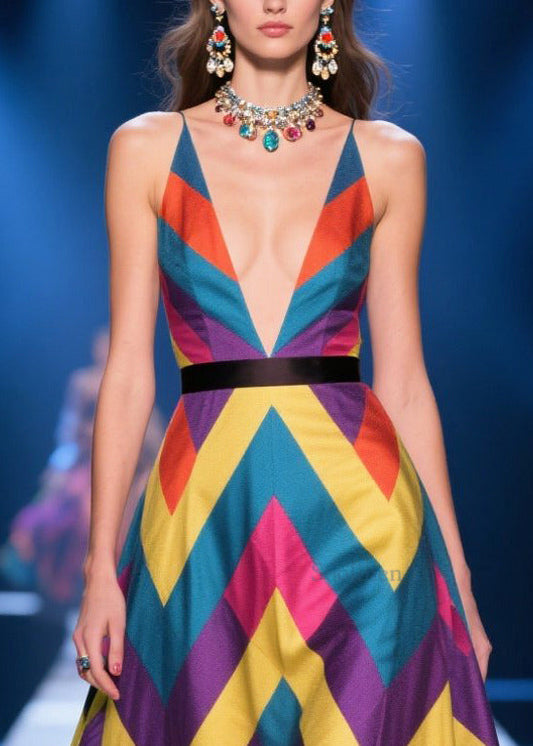Chic Colorblock Print Flower Decorated Silk Maxi Dress Summer