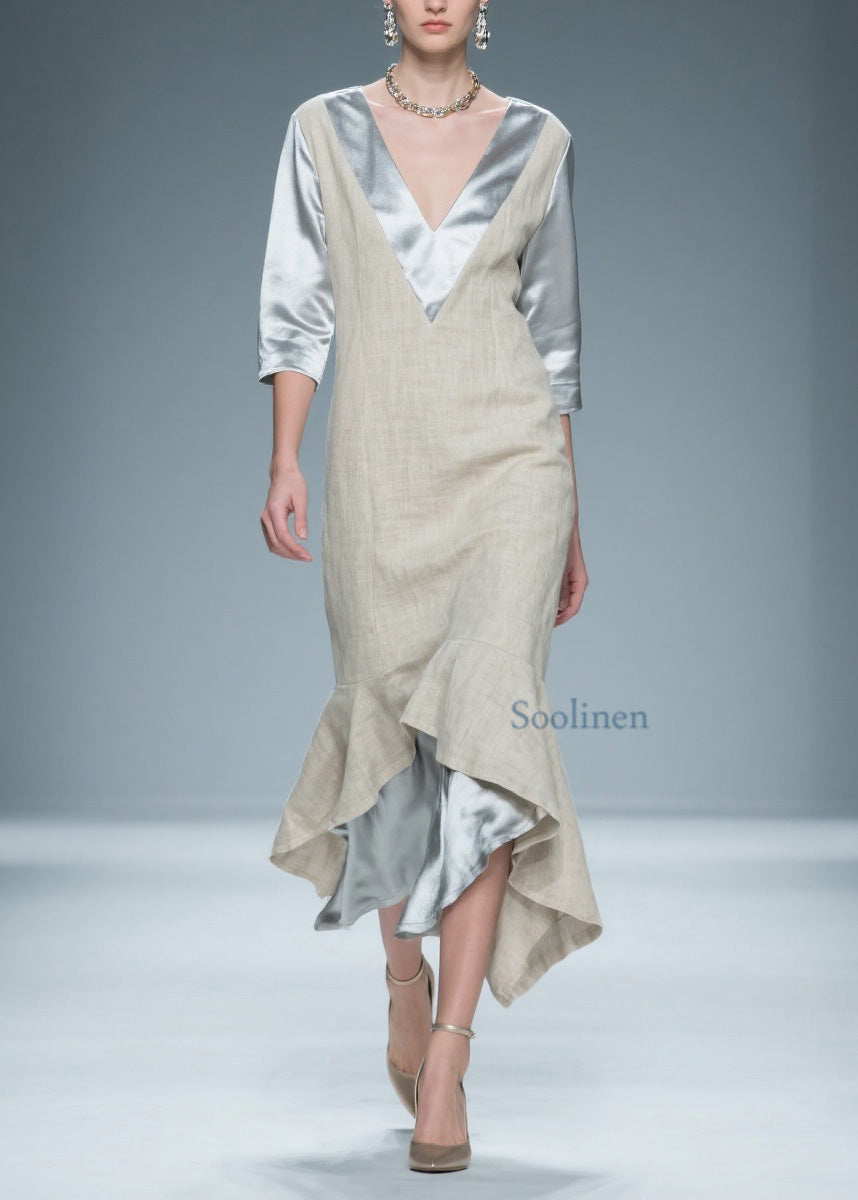 Chic Colorblock V Neck Patchwork Linen Silk Long Dresses Summer