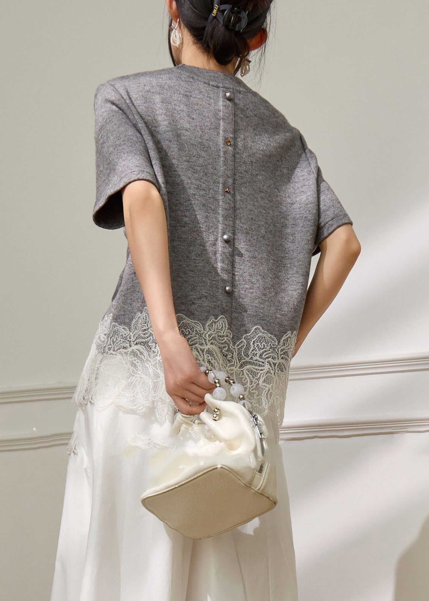 Chic Grey Lace Patchwork Top Short Sleeve
