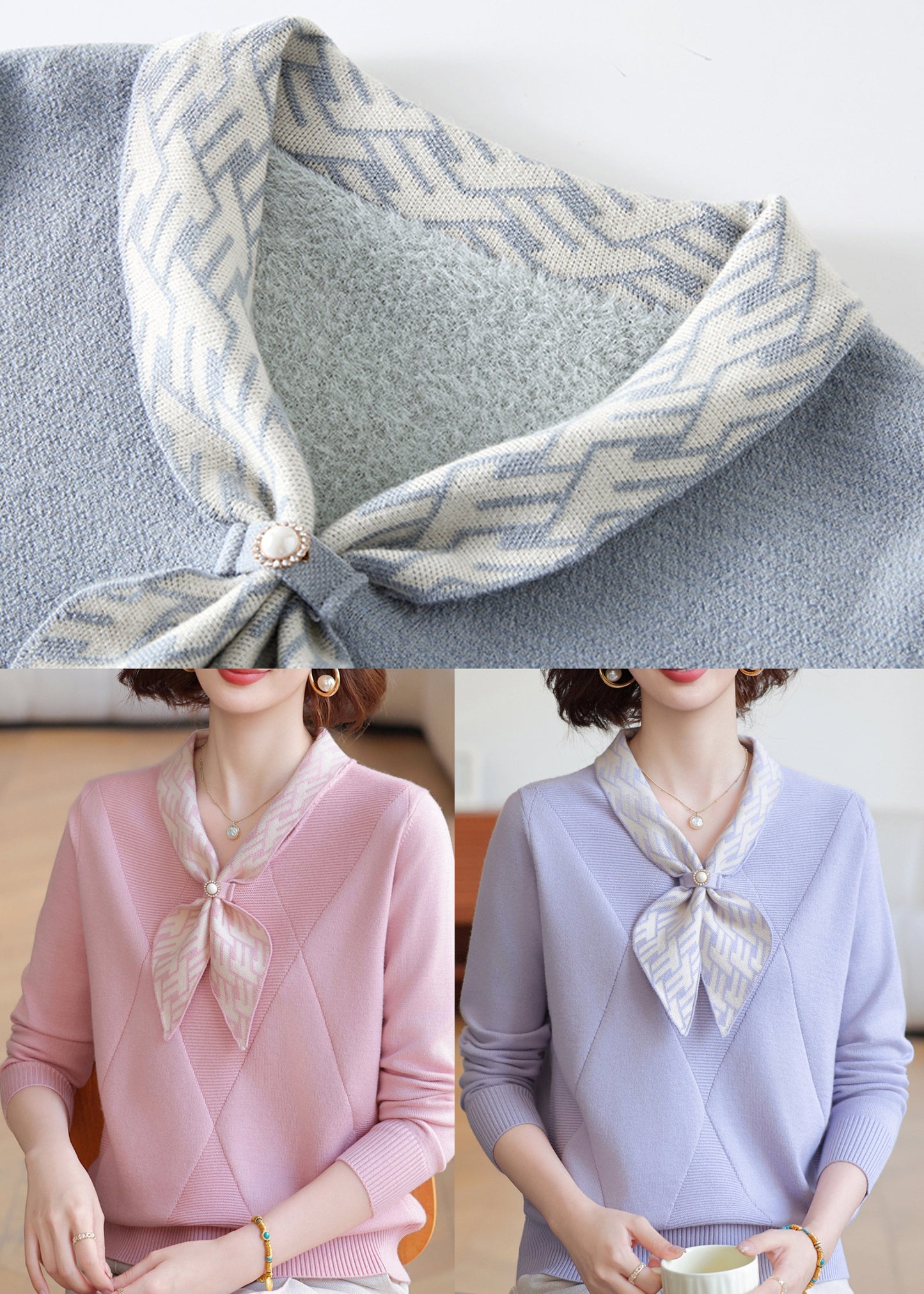 Chic Lavender Bow Neck Striped Knit Shirts Winter